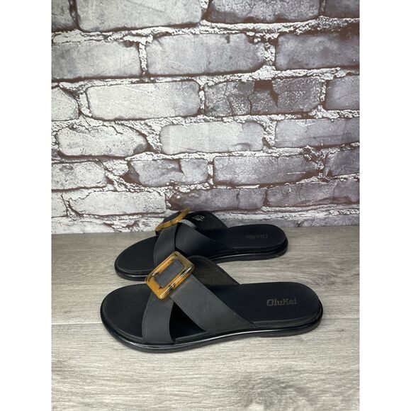 OluKai La'i Slide Black Leather Leopard Beach Sandals Women Sz 8M US/38EU - Picture 11 of 16